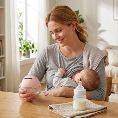 maman allaitant son bébé au sein et tenant un Tire lait electrique avec son lait a l'interieur