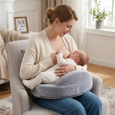 maman assis sur un fauteuil, allaitant son bébé allonger sur un Coussin d'allaitement