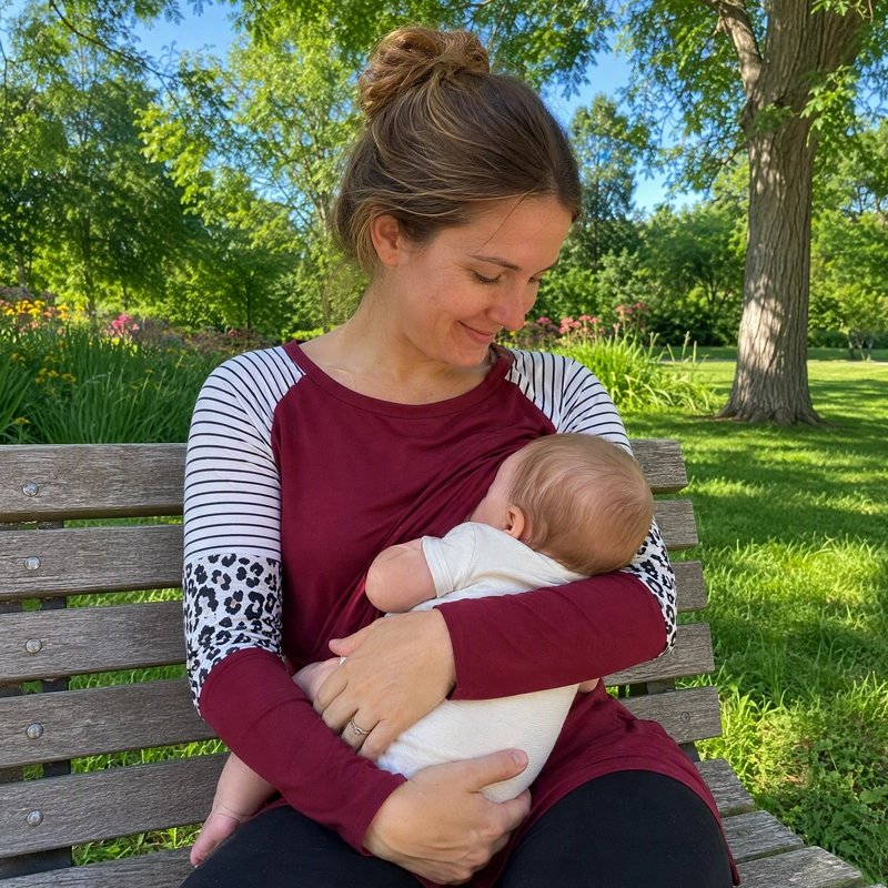 Femme assise dans un parc et portant un T shirt allaitement et serant son bébé contre elle 