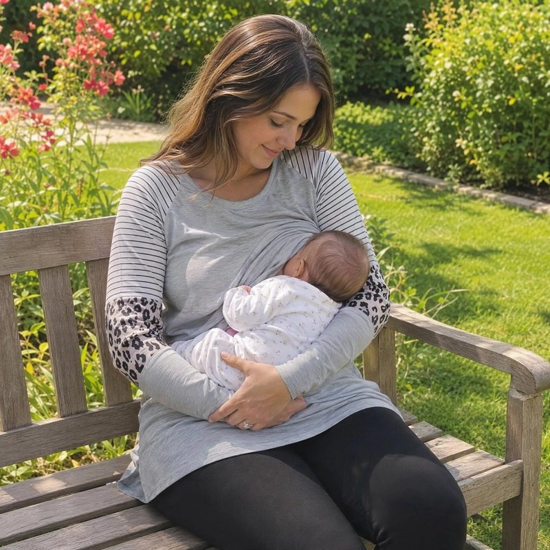 Femme assise dans un parc et portant un T shirt allaitement tout en allaitant son bébé 