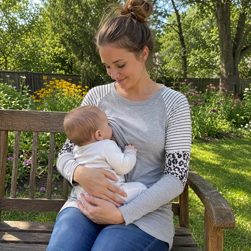 Femme assise dans un parc et portant un T shirt allaitement toit en allaitant son bébé 