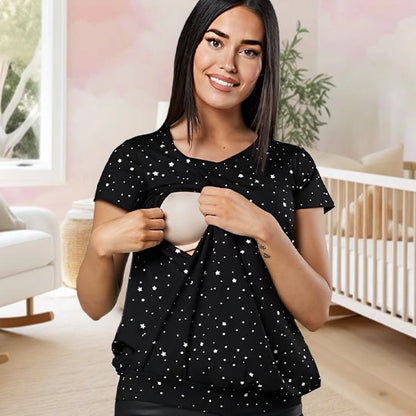 femme enceinte portant un T shirt allaitement noir avec motif d'etoie