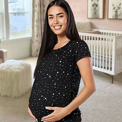 femme enceinte portant un T shirt allaitement noir avec motif d'etoie