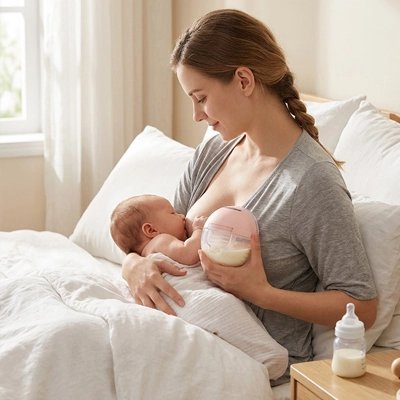 maman allaitant son bébé au sein et tenant un Tire lait electrique avec son lait a l'interieur