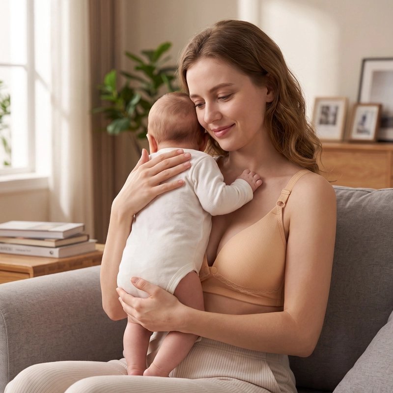 maman assi sur une chaise portant un Soutien gorge d'allaitement et serrant sont bébé debout contre elle