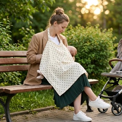 maman assis sur un bond au banc allaitant son bébé a l'aide du Cape d allaitement
