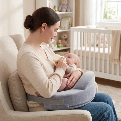 maman assis sur un fauteuil, allaitant son bébé allonger sur un Coussin d'allaitement