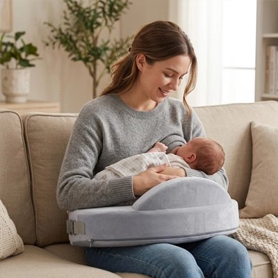 maman assis sur un fauteuil, allaitant son bébé allonger sur un Coussin d'allaitement