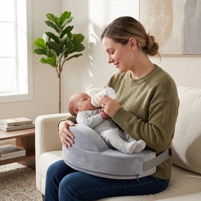 maman assis sur un fauteuil, allaitant son bébé allonger sur un Coussin d'allaitement