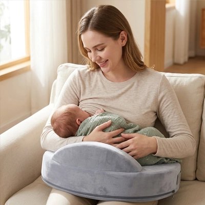 maman assis sur un fauteuil, allaitant son bébé allonger sur un Coussin d'allaitement