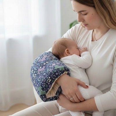Maman assise qui porte son bébé contre elle aider par un Coussin d'allaitement