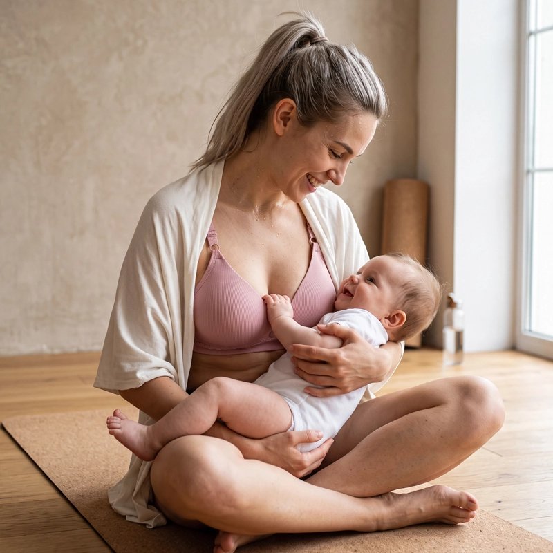 maman portant un Soutien gorge d'allaitement assis par terre tenant un bébé dans ces mains
