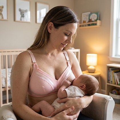 Maman qui alaite son bebe et qui porte le Soutien gorge allaitement