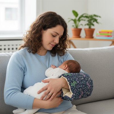 Maman qui allaite son bébé aider par un coussin d'allaitement
