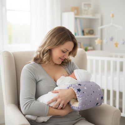 Maman qui allaite son bébé aider par un coussin d'allaitement