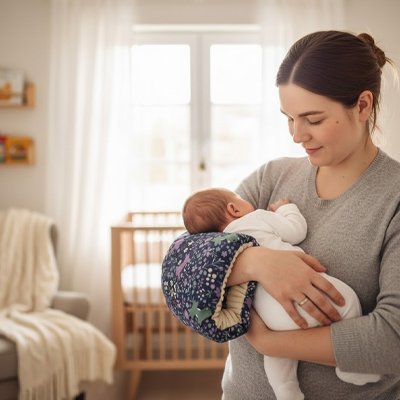 Maman qui porte son bébé contre elle aider par un Coussin d'allaitement