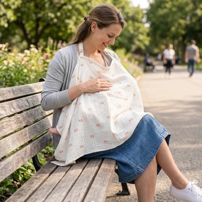 maman souriante assis sur un banc au parc allaitant son bebe a l'aide de Cape d allaitement