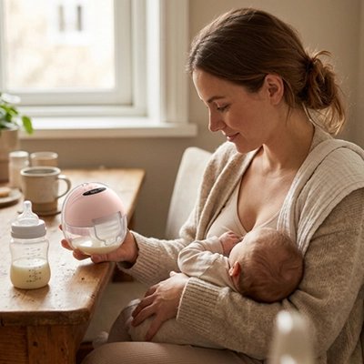 maman tenant son bébé contre elle tout en regardant un Tire lait electrique avec son lait a l'interieur
