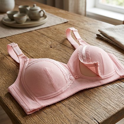 Soutien gorge allaitement rose poser une une table
